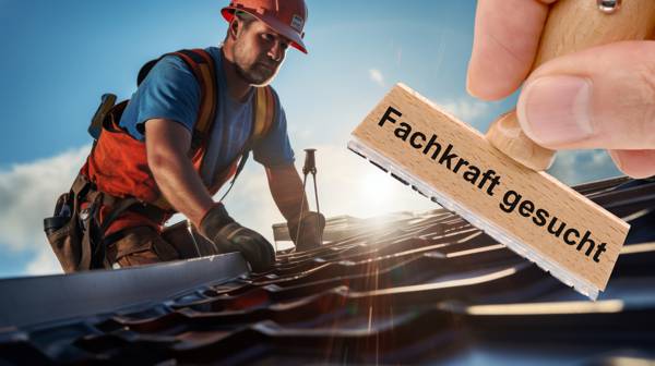 Ein Holzstempel ist beschriftet mit dem Aufdruck: Fachkraft gesucht und liegt als Fotomontage über einem Bild von einem Dachdecker - FOTOMONTAGE